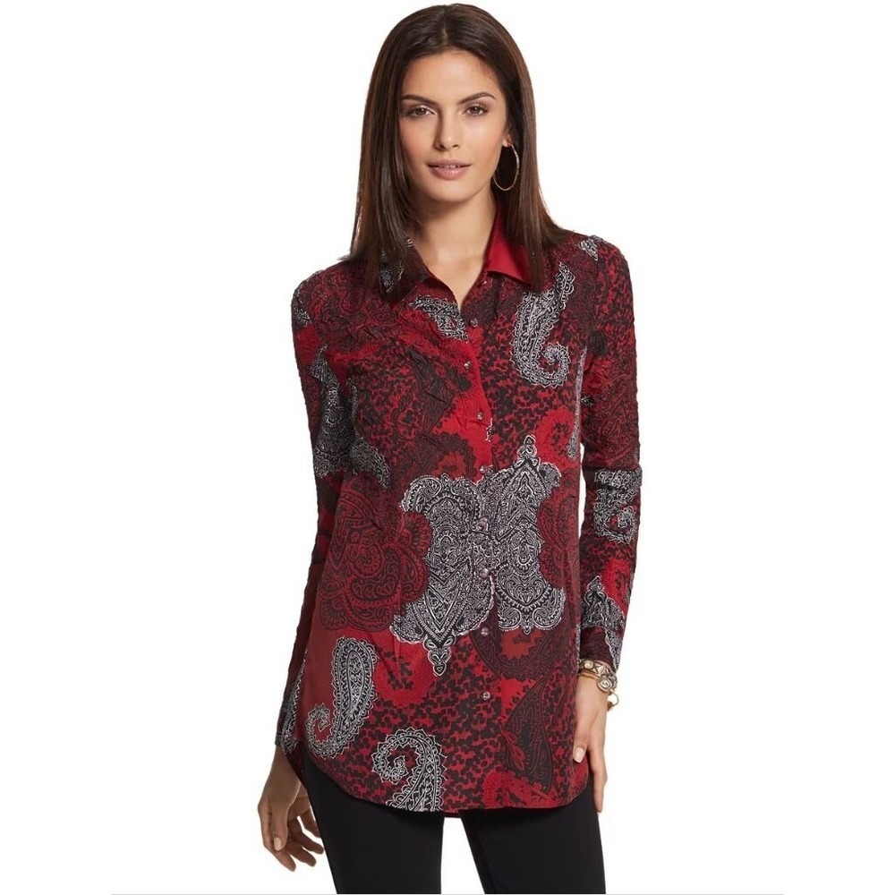 Chicos Festive Paisley Roxanne Top Button Down Long Sleeve Office Artsy Abstract
